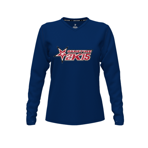 [CUS-DFW-TEES-CMF-VNK-LSL-NVY-FYXS-LOGO1] Decker Comfort T-Shirt (Female Youth XS, Navy, V Neck, Logo 1, Long Sleeve)