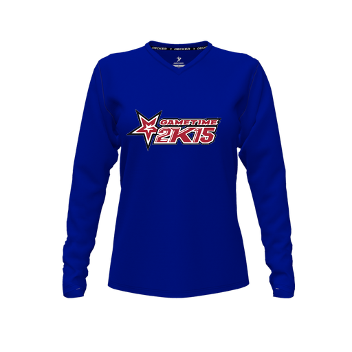 [CUS-DFW-TEES-PER-VNK-LSL-RYL-FYXS-LOGO1] Performance T-Shirt (Female Youth XS, Royal, V Neck, Logo 1, Long Sleeve)