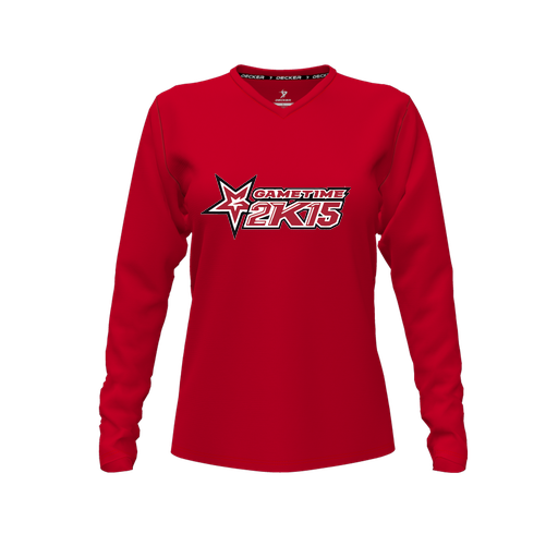 [CUS-DFW-TEES-PER-VNK-LSL-RED-FYXS-LOGO1] Performance T-Shirt (Female Youth XS, Red, V Neck, Logo 1, Long Sleeve)