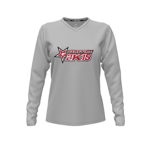 [CUS-DFW-TEES-PER-VNK-LSL-GRY-FYXS-LOGO1] Decker Performance T-Shirt (Female Youth XS, Gray, V Neck, Logo 1, Long Sleeve)