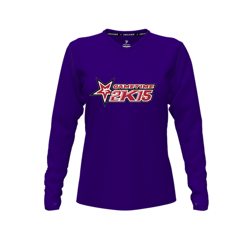 [CUS-DFW-TEES-PER-VNK-LSL-PUR-FYXS-LOGO1] Decker Performance T-Shirt (Female Youth XS, Purple, V Neck, Logo 1, Long Sleeve)